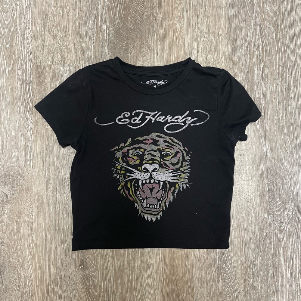 Ed Hardy Black Crop Tee with Multi-Color Tiger Graphic